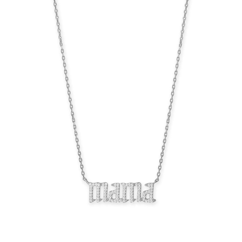 Rhodium Plated CZ "mama" Necklace 16" length + 2" extension NWT